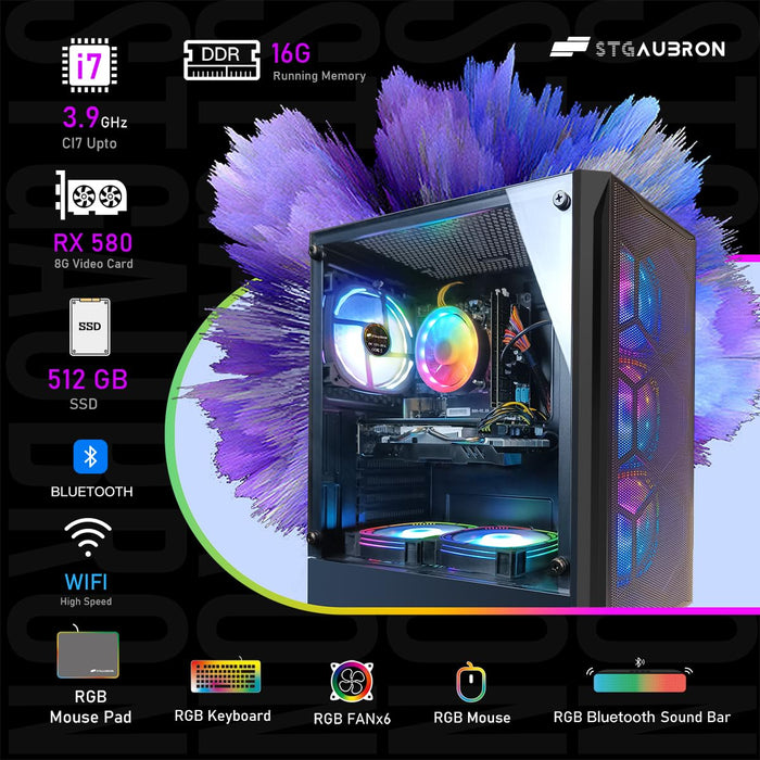 STGAubron Gaming Desktop PC Computer,Intel Core I7 3.4 GHz up to 3.9 GHz,Radeon RX 580 8G GDDR5,16G RAM,512G SSD,WiFi,Bluetooth 5.0,RGB Fanx6,RGB Keyboard&Mouse&Mouse Pad,RGB BT Sound Bar,W10H64