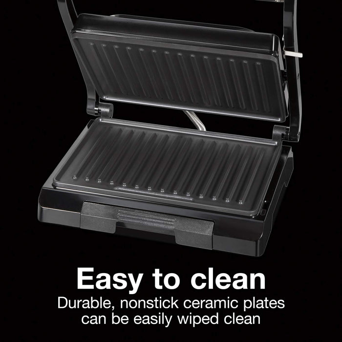 Proctor Silex Panini Press Sandwich Maker and Electric Indoor Grill, 1000 watts, Easy Clean Nonstick Grids, Compact Upright Storage, Black (25440PS)