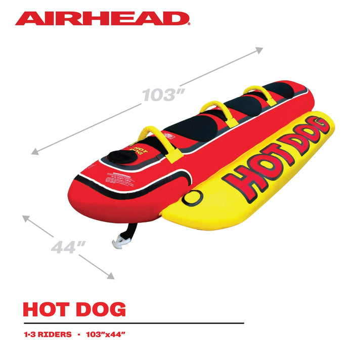 Airhead Hot Dog Towable | 1-3 Rider Tube for boating and Water Sports, Neoprene Seat Pads, Double-Stitched Full Nylon Cover, and Boston Valve for Convenient Inflating & Deflating