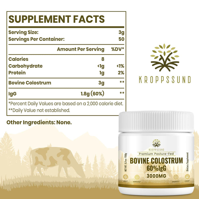 Kroppssund Bovine Colostrum Powder Supplement 3000 mg - Extra High 60% IgG Bovine Colostrum - Gut, Bone, Exercise, Immune - 50 Servings (1 Bottle)