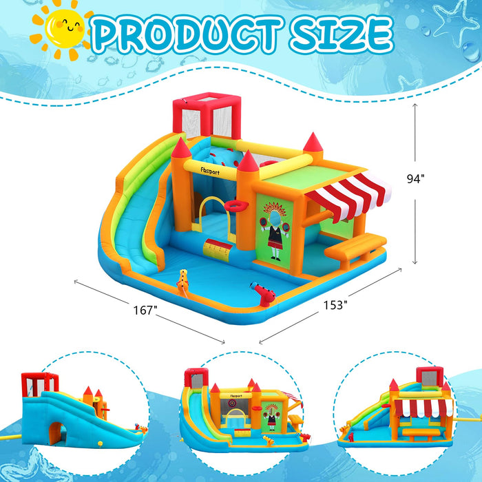 FBSPORT Inflatable Bounce House Water Slide, Bounce House for Kids with Toy Market Stand Splash Pool Bouncer Climbing Wall Water Gun Ball Dart, Bouncy Castle W/620W Blower for Outdoor Indoor, Red