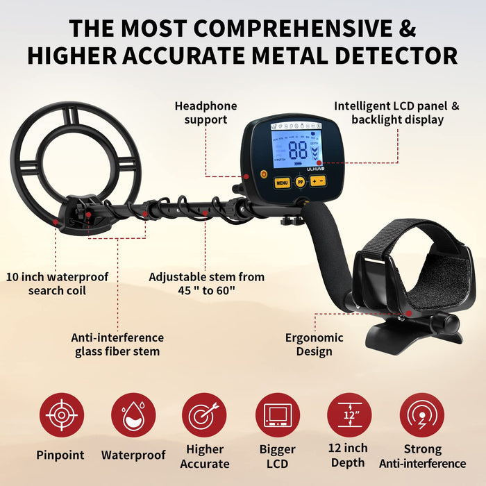 ULHUND Upgraded Metal Detector for Adults-Professional Higher Accuracy 9 Gold Detector with LCD Display, Advanced DSP Chip with 12'' Detection Depth