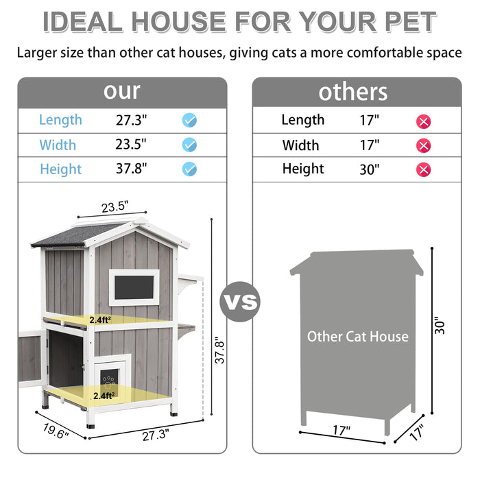 PetsCosset Outdoor Cat House Shelter Weatherproof, Two Story Wooden Outside Cat House Feral Cat House with Openable Roof, Escape Door