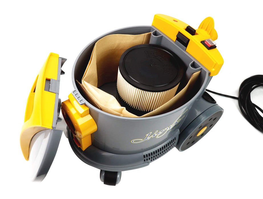 Johnny Vac Commercial Canister Vacuum - On-Board Tools - Paper Bag - Grey & Yellow