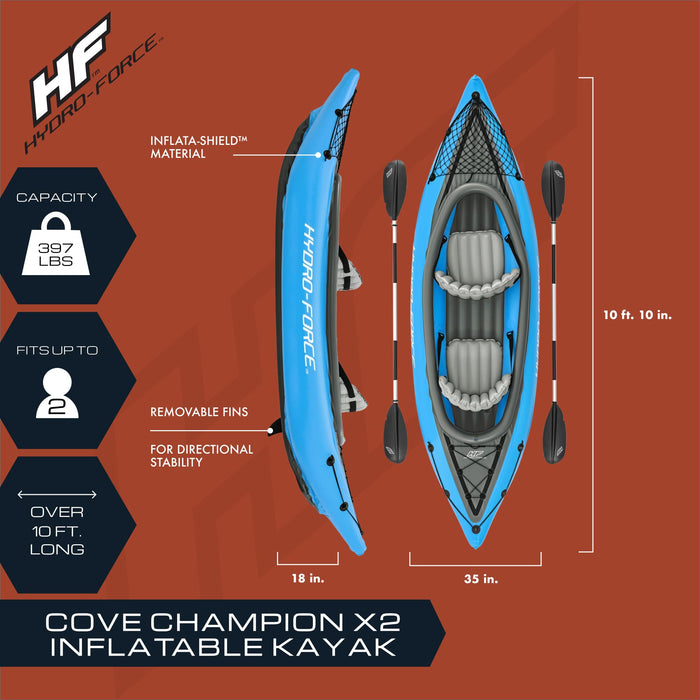 Bestway Hydro-Force 2-Person Cove Champion Inflatable Kayak Set | Includes Kayak, 2 Aluminum Paddles, Hand Pump, 2 Fins, and Carry Bag