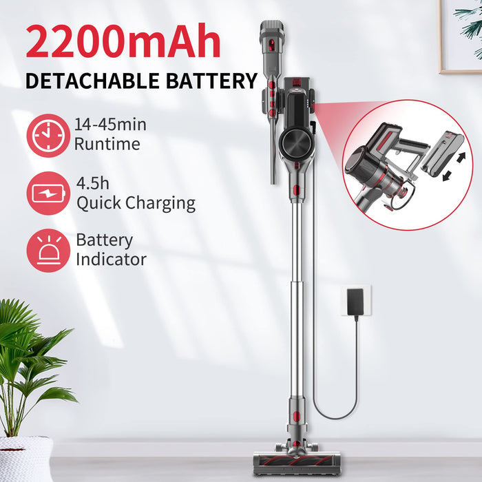 Yunjetek Cordless Vacuum Cleaner, 300W Brushless Motor with 26Kpa Powerful Suction Stick Vacuum, Up to 45Mins Max Runtime Detachable Battery