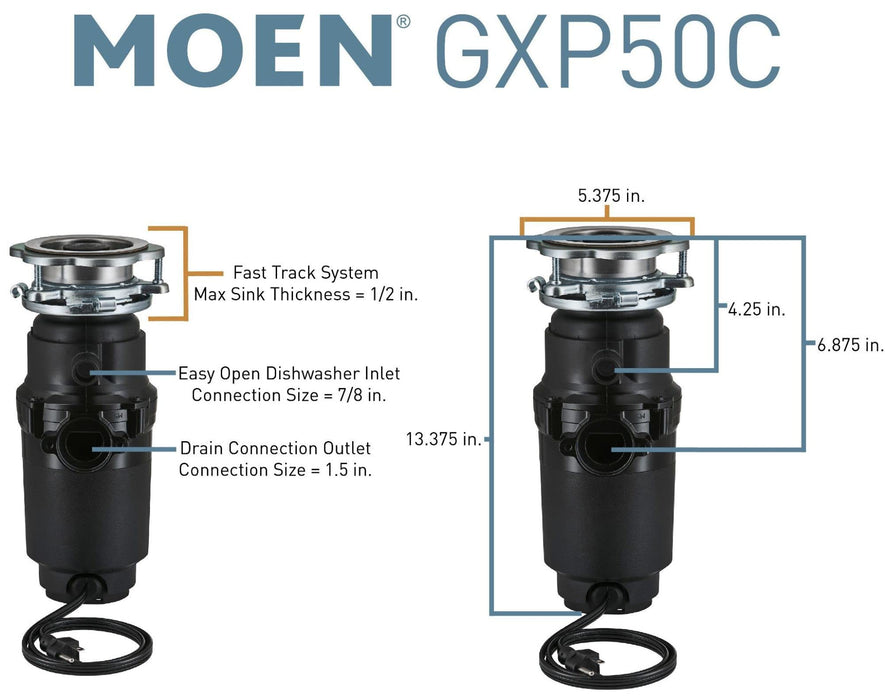 Moen Prep Series PRO 1/2 HP Continuous Feed Compact Garbage Disposal, Power Cord Included, GXP50C