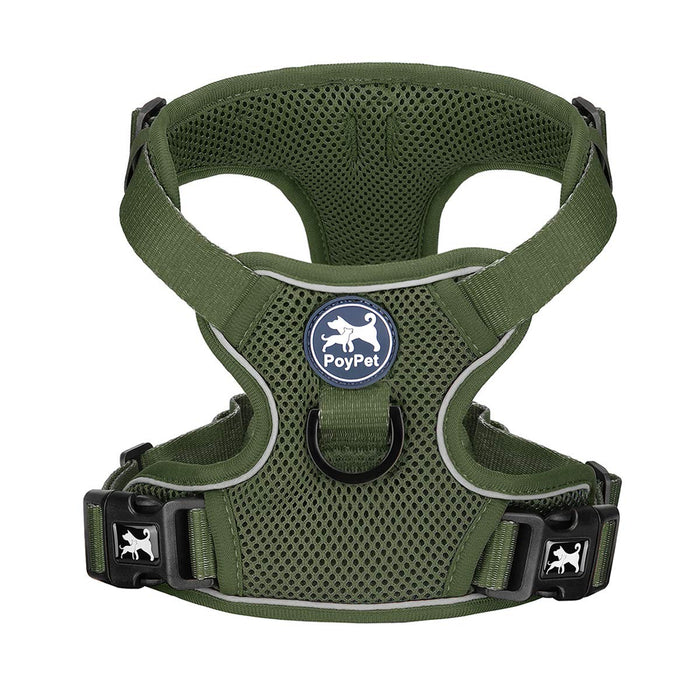 PoyPet Reflective Soft Breathable Mesh Dog Harness Choke-Free Double Padded Vest with Adjustable Neck and Chest(Military Green,S)