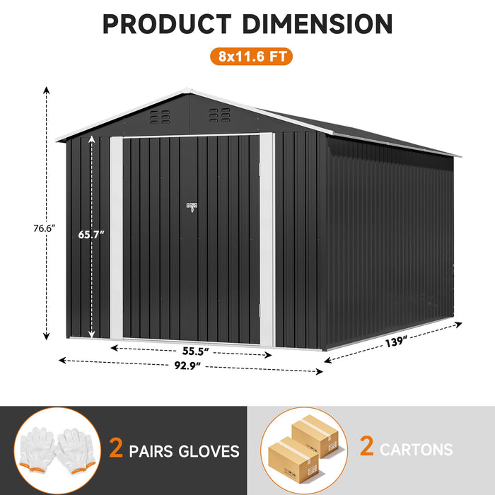 Polar Aurora 8 x 12 FT Outdoor Storage Shed, Metal Garden Shed with with Updated Frame Structure, Tool Sheds for Backyard Garden Patio Lawn Black