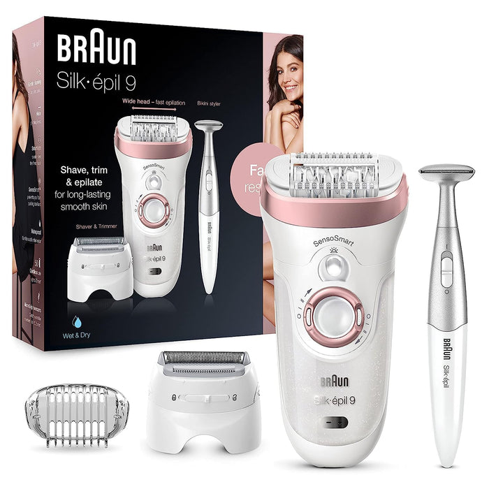 Braun Silk-épil 9 9-890, Facial Hair Removal for Women, Hair Removal Device, Bikini Trimmer, Womens Shaver Wet & Dry, Cordless and 7 extras