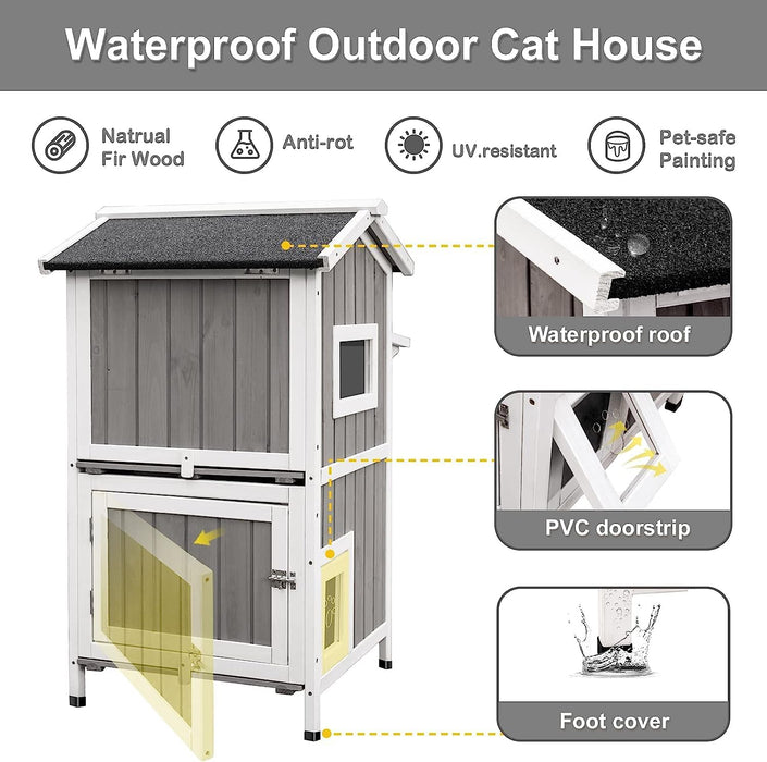 PetsCosset Outdoor Cat House Shelter Weatherproof, Two Story Wooden Outside Cat House Feral Cat House with Openable Roof, Escape Door