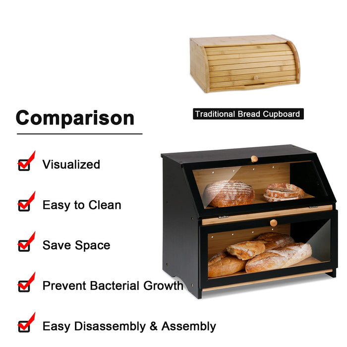 HOMEKOKO Double Layer Large Bread Box for Kitchen Counter, Wooden Large Capacity Bread Storage Bin (Black)