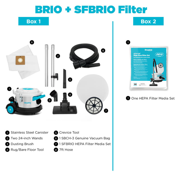 Simplicity Vacuums Brio Dry Canister Vacuum and Vacuum Filter Set Bundle, Heavy Duty Vacuum Cleaner for Hardwood and Tile, Rugs and More with Extra HEPA Filter Media Set