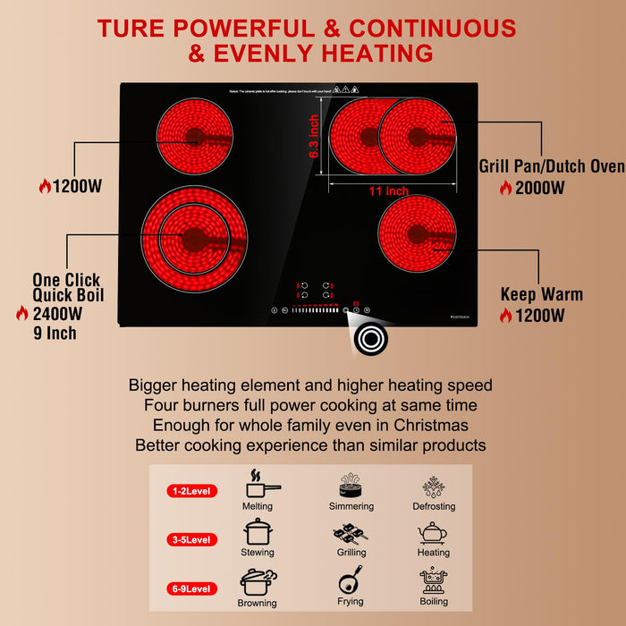 ECOTOUCH 30 Inch Electric Cooktop 4 Burners,Fast Heat,Built-in,Quick Boil,Dual Ring,Hot Surface Indicator,30" Ceramic Glass Radiant Electric Stove Top,220-240v,Hard Wire