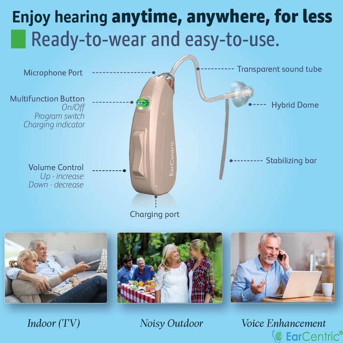 EarCentric EasyCharge Rechargeable Hearing Aids (Pair) for Seniors, Behind-The-Ear BTE Ear Aid PSAP digital Personal sound amplification products devices with Noise Cancellation (Beige)