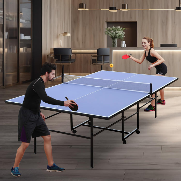 DUDUSHIMAN 9ft Mid-Size Table Tennis Table, Foldable Ping Pong Table for Indoor & Outdoor Games with Net, 2 Table Tennis Paddles and 3 Balls, Style A