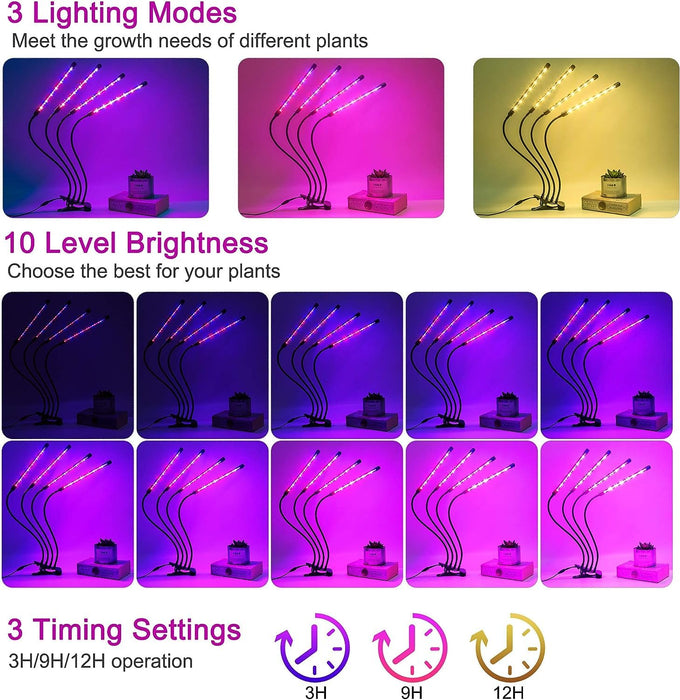 LEOTER Grow Light for Indoor Plants - Upgraded Version 80 LED Lamps with Full Spectrum & Red Blue Spectrum, 3/9/12H Timer, 10 Dimmable Level, Adjustable Gooseneck,3 Switch Modes