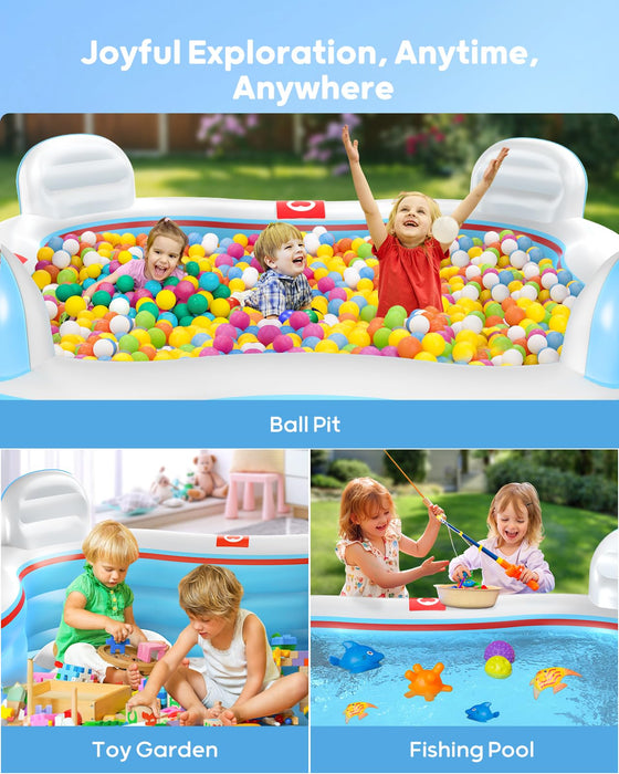 QPAU Inflatable Swimming Pool,Full-Sized Blow Up Pool with Seats and Backrests, Kiddie Pool for Outdoor & Backyard, Children & Adults, for Family Fun (Sky Blue)