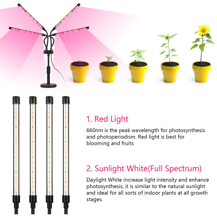 SYEIORAOM Grow Lights for Indoor Plants, Four Head LED Grow Light with Full Spectrum, Red White Spectrum for Indoor Plant Growing Lamp, Adjustable Gooseneck, Suitable for Plant(Four-Head Plant Light)