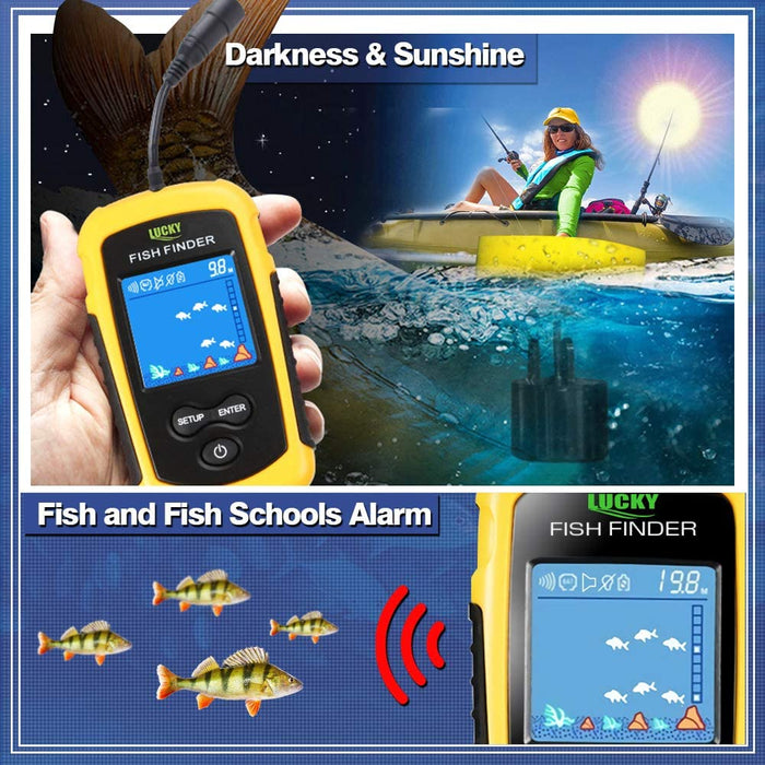 LUCKY Kayak Portable Fish Depth Finder Water Handheld Fish Finder Sonar Castable Kayak Boat Fishfinder Transducer Fishing LCD Display FFC1108