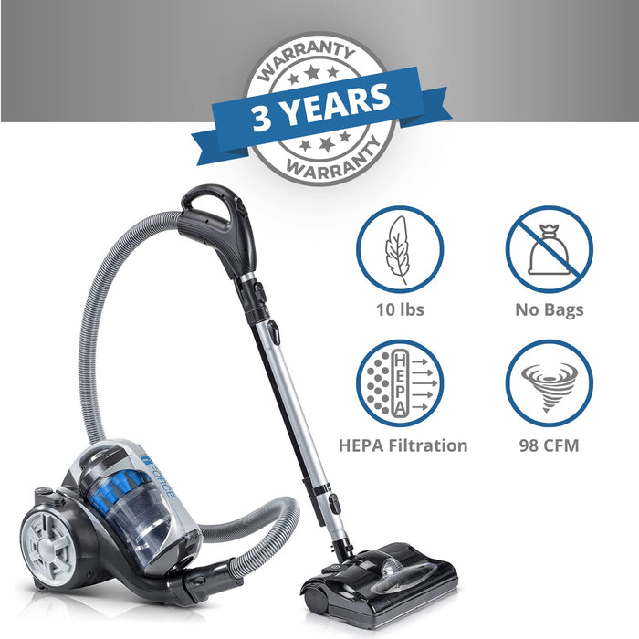 Prolux iFORCE Light Weight Bagless Canister Vacuum Cleaner, HEPA Filtration, Power Nozzle