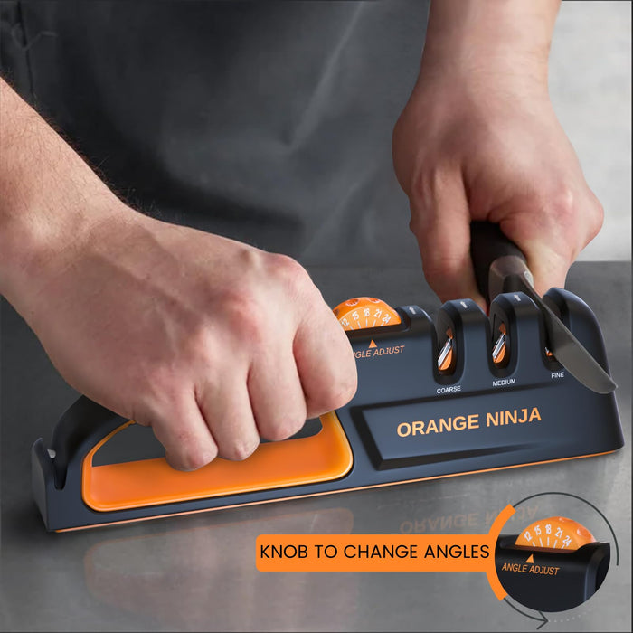 Orange Ninja Knife Sharpeners for Kitchen- 5 Adjustable Sharpening Angle- Premium Quality - Handheld Knives & Pocket Knife Sharpener by Sharp Pebble