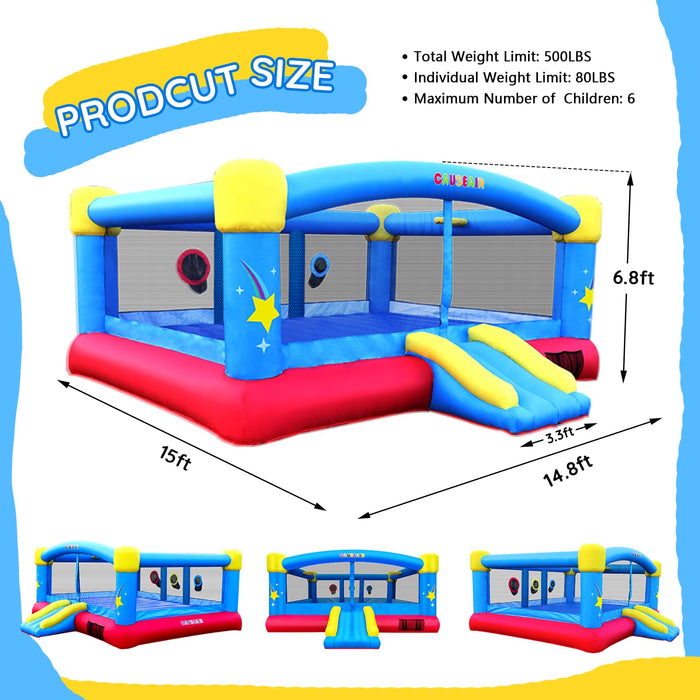 Causeair Big Inflatable Bounce House with GFCI Blower,15ft x 14.8ft,Double Basketball Hoop,Throw Ball Game,Reinforced PVC Bounce Floor,Jumping Bouncy Castle Holds 6 Kids