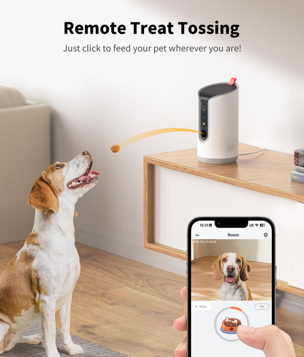 TKENPRO 2K Pet Camera Treat Dispenser, 360°View Dog Camera with Phone App, 5G&2.4G WiFi 2-Way Talk Pet Camera Indoor for Cats Remote Treat Tossing, Motion Alerts, Auto Tracking