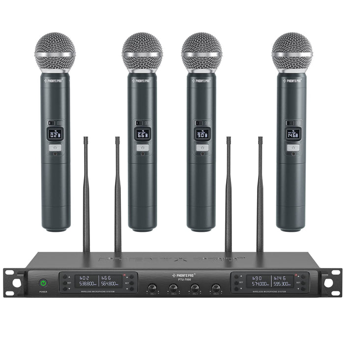 Phenyx Pro Wireless Microphone System, Quad Channel Wireless Mic, w/ 4x40 Channels, 4 Handheld Dynamic Microphones,Auto Scan, Long Distance 328ft, Microphone for Singing, Church, Karaoke (PTU-7000A)