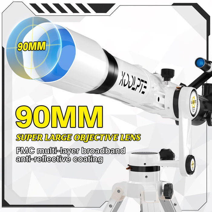 Telescope 90mm Aperture 900mm - Vertisteel AZ Mount Base, High Precision Adjustment, Magnification 45-450x, Wireless Remote, Phone Adapter - Ideal for Astronomy Enthusiasts and Beginners (White)