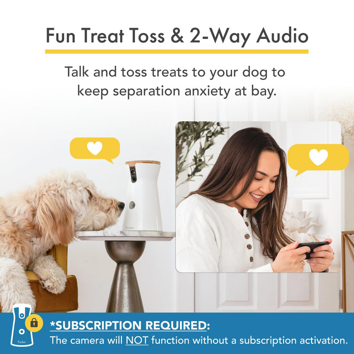 Furbo 360° Dog Camera + Dog Nanny w/Smart Alerts (Paid App Subscription Required): Home Emergency & Dog Safety Alerts | 360° Rotating Dog Tracking, Treat Toss, Night Vision, 2-Way Audio, Bark Alert