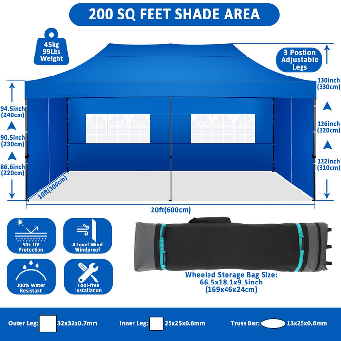 COBIZI 10x20 Pop Up Canopy with 6 Sidewall,Heavy Duty Canopy UPF 50+ All Season Wind Waterproof Commercial Outdoor Wedding Party Tents for Parties Canopy Gazebo with Roller Bag(10 x 20 ft Blue)