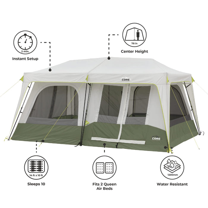 CORE 10 Person Instant Cabin Tent | Portable Large Pop Up Tent with Easy 2 Minute Camp Setup for Family Camping | Multi Room Tent with Organization for Outdoor Camping Accessories