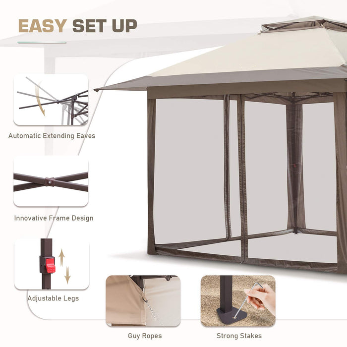 EAGLE PEAK 13x13 Pop-Up Gazebo Tent Instant w/Mosquito Netting, Outdoor Gazebo Canopy Easy Set-up Folding Shelter (Beige/Brown)…