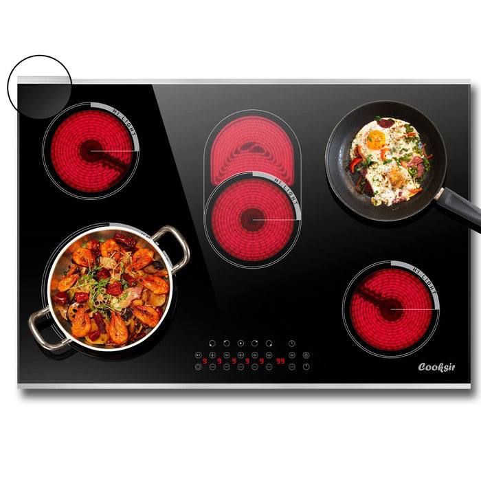 Cooksir Electric Cooktop 30 Inch, 5 Burner Built-in Electric Stove Top with Glass Protection Metal Frame, 8400W Radiant Glass Cooktop, Safety Lock, 99 Min Timer, 220-240V Hard Wired (No Plug)