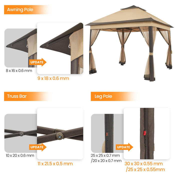 Yaheetech 11x11 Pop Up Gazebo Outdoor Canopy Shelter, Instant Patio Gazebo Sun Shade Canopy Tent with 4 Sandbags, Double Tiers & Mesh Netting for Lawn, Garden, Backyard & Deck, Khaki