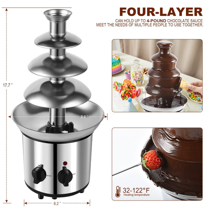 Chocolate Fountain, 4 Tiers Electric Melting Machine Chocolate Fondue Fountain Set with 4pcs Stainless Steel Forks, 4-Pound Capacity for Nacho Cheese, BBQ Sauce, Ranch