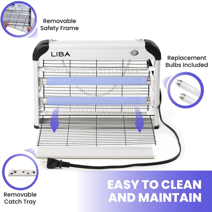 LiBa Electric Bug Zapper, Indoor Insect Killer - (2) Extra Replacement Bulbs - Fly, Mosquito Killer and Repellent - Lightweight, Powerful 2800V Grid, Easy-to-Clean, with a Removable Washable Tray.