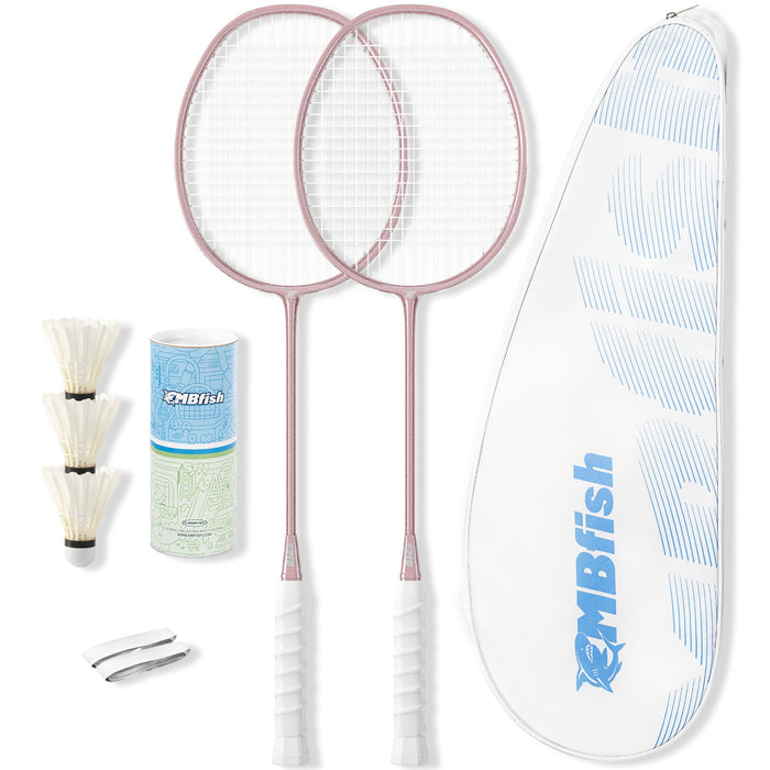 MBFISH Badminton Racket Set with 2 Carbon Fiber Rackets, 3 Shuttlecocks, 2 Replacement Racket Grip Tapes and 1 Badminton Bag - Perfect for Beginners & Outdoor Games (Rose Gold)