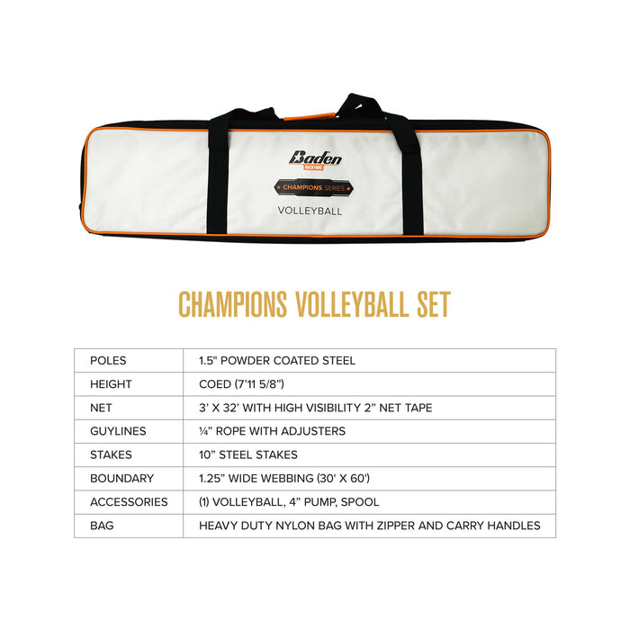 Baden Champions Volleyball Net Set | Volleyball Bag, Adjustable Poles, Volleyball Ball & Pump, & Boundary Lines | Portable Volleyball Net for Backyard or Outdoor Activities for Men, Women & Kids