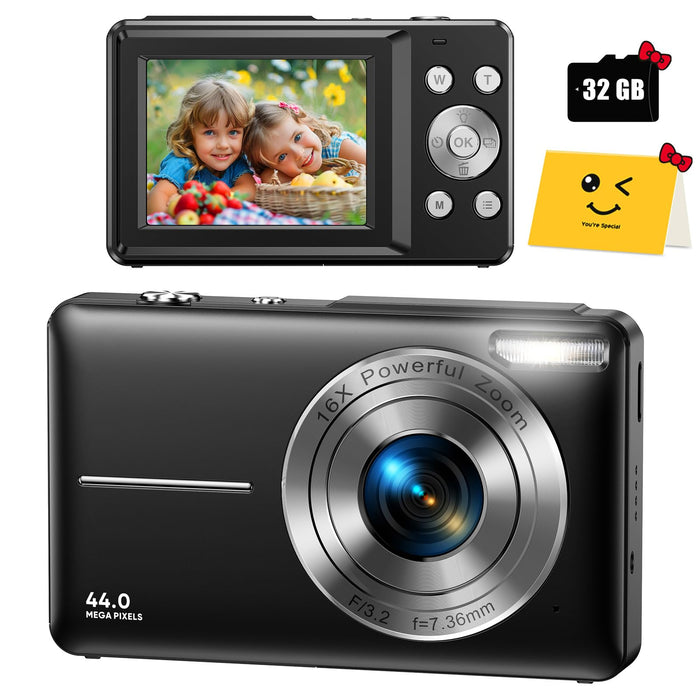 Digital Camera, FHD 1080P Digital Camera for Kids with 32GB SD Card Compact Point and Shoot Camera 16X Zoom Anti Shake Portable Cameras Small Camera for Teens Boys Girls Seniors with Best Wishes Card