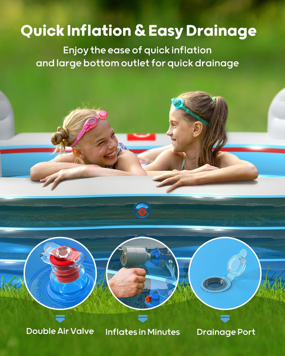 QPAU Inflatable Swimming Pool,Full-Sized Blow Up Pool with Seats and Backrests, Kiddie Pool for Outdoor & Backyard, Children & Adults, for Family Fun (Sky Blue)