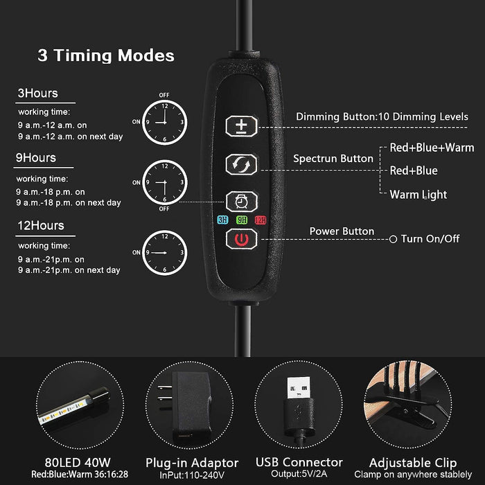LEOTER Grow Light for Indoor Plants - Upgraded Version 80 LED Lamps with Full Spectrum & Red Blue Spectrum, 3/9/12H Timer, 10 Dimmable Level, Adjustable Gooseneck,3 Switch Modes