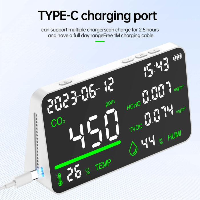 7-in-1 Air Quality Monitor, Indoor Humidity Monitor, Temperature, CO2, TVOC, HCHO, Time, Date Display Desktop Air Quality Tester, Air Quality Meters for Home Office Hotel Restaurant School