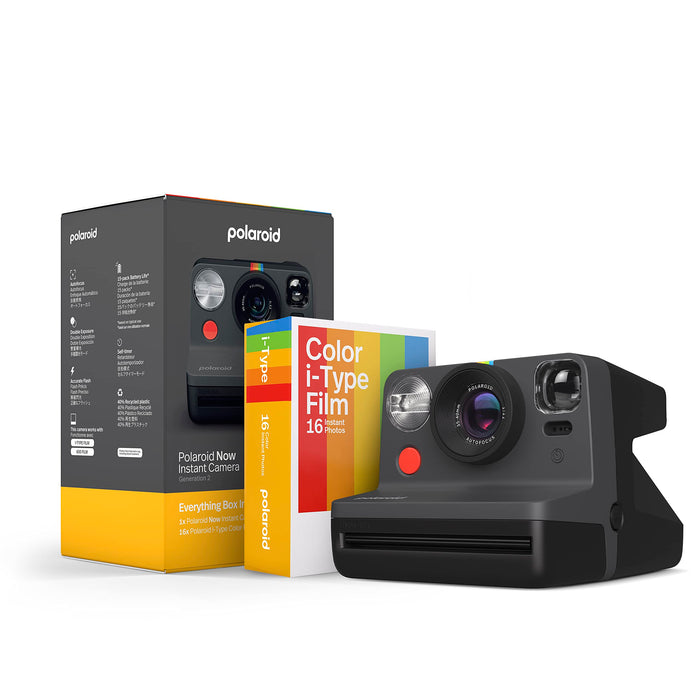 Polaroid Now 2nd Generation I-Type Instant Camera + Film Bundle - Now Black Camera + 16 Color Photos (6248)- Black