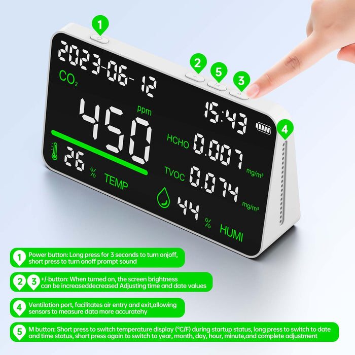 7-in-1 Air Quality Monitor, Indoor Humidity Monitor, Temperature, CO2, TVOC, HCHO, Time, Date Display Desktop Air Quality Tester, Air Quality Meters for Home Office Hotel Restaurant School