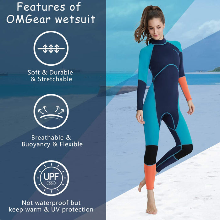 OMGear Wetsuit Men Women Youth 3mm Neoprene Full Body UV Protection One Piece Long Sleeves Scuba Diving Suits Back Zipper for Scuba Diving Surfing Snorkeling Swimming Water Sports(Green & orange,XL)