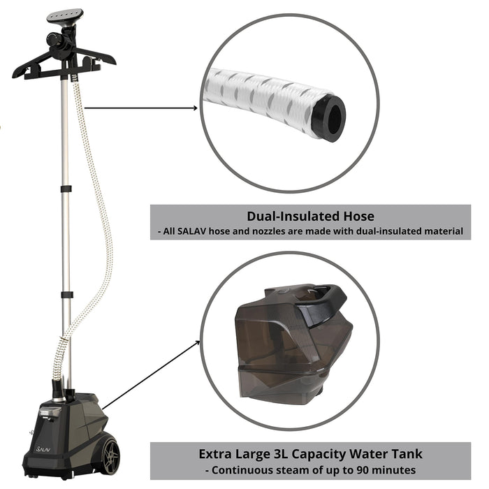 SALAV® Heavy Duty Commercial Full-Size Garment Steamer with Foot Pedals and Extra Large 3L (101.5 oz) Water Tank, 1800 watts, 90+min of Continuous Steam (Navy)