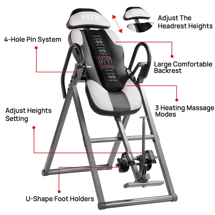 HYTY Advanced Heat and Massage Heavy Duty Inversion Table, Folding Heavy Duty Inversion Table with Adjustable Headrest & Comfortable Ankle Holders, Back Inverter/Strength Training, 300 Lbs