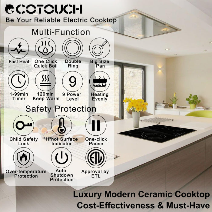 ECOTOUCH 30 Inch Electric Cooktop 4 Burners,Fast Heat,Built-in,Quick Boil,Dual Ring,Hot Surface Indicator,30" Ceramic Glass Radiant Electric Stove Top,220-240v,Hard Wire